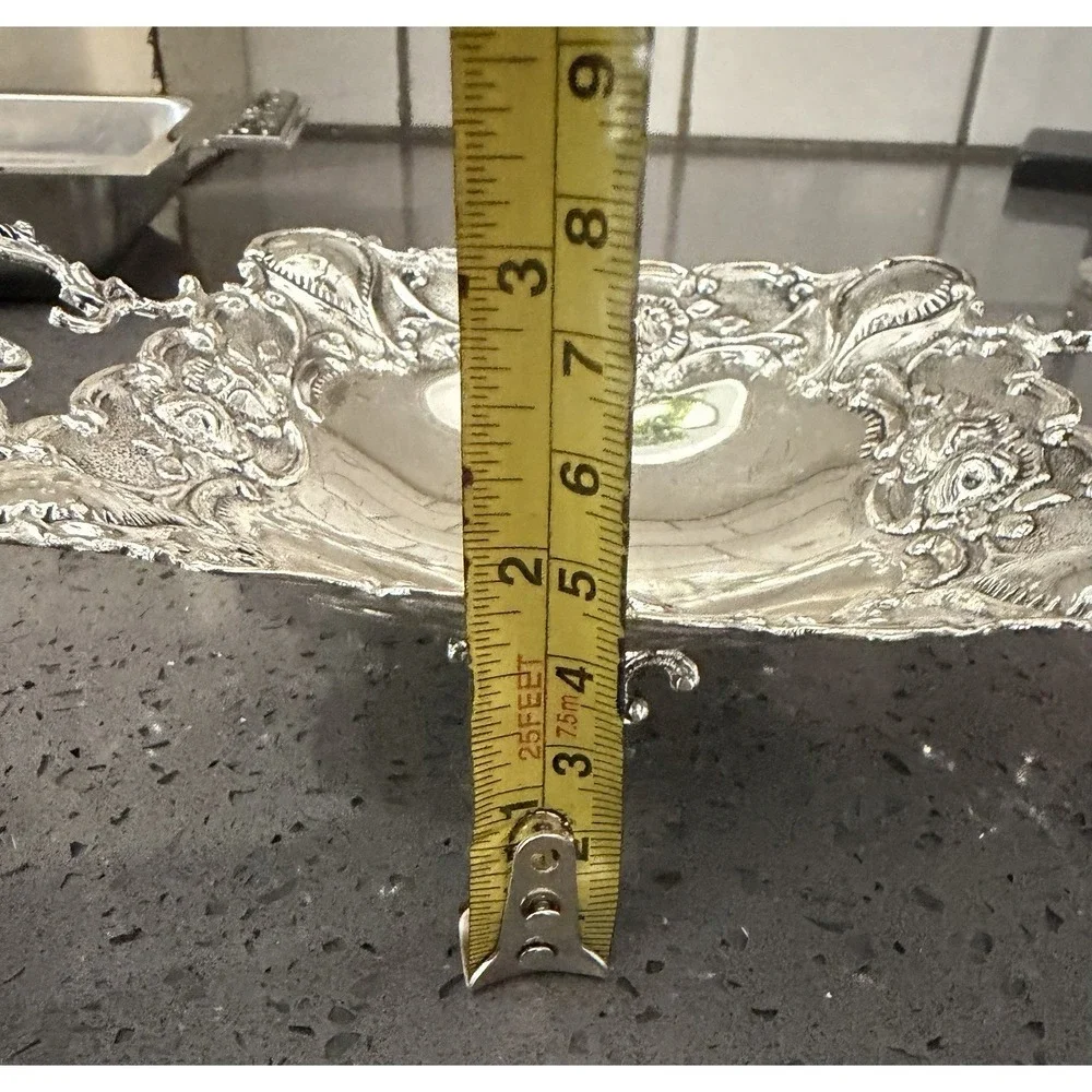 Vtg Silver Plated Tri-foot Footed Candy Dish / Tray Handles Roses